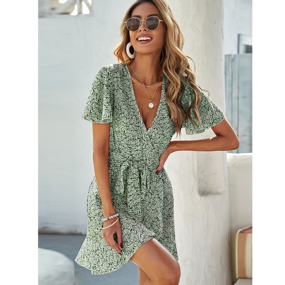 Floral Print Wrap V-Neck Mini Dress - Picture 10 of 10